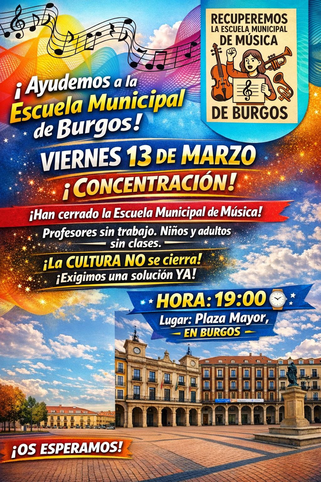 Concentración para salvar la Escuela de Música en Plaza Mayor, Burgos