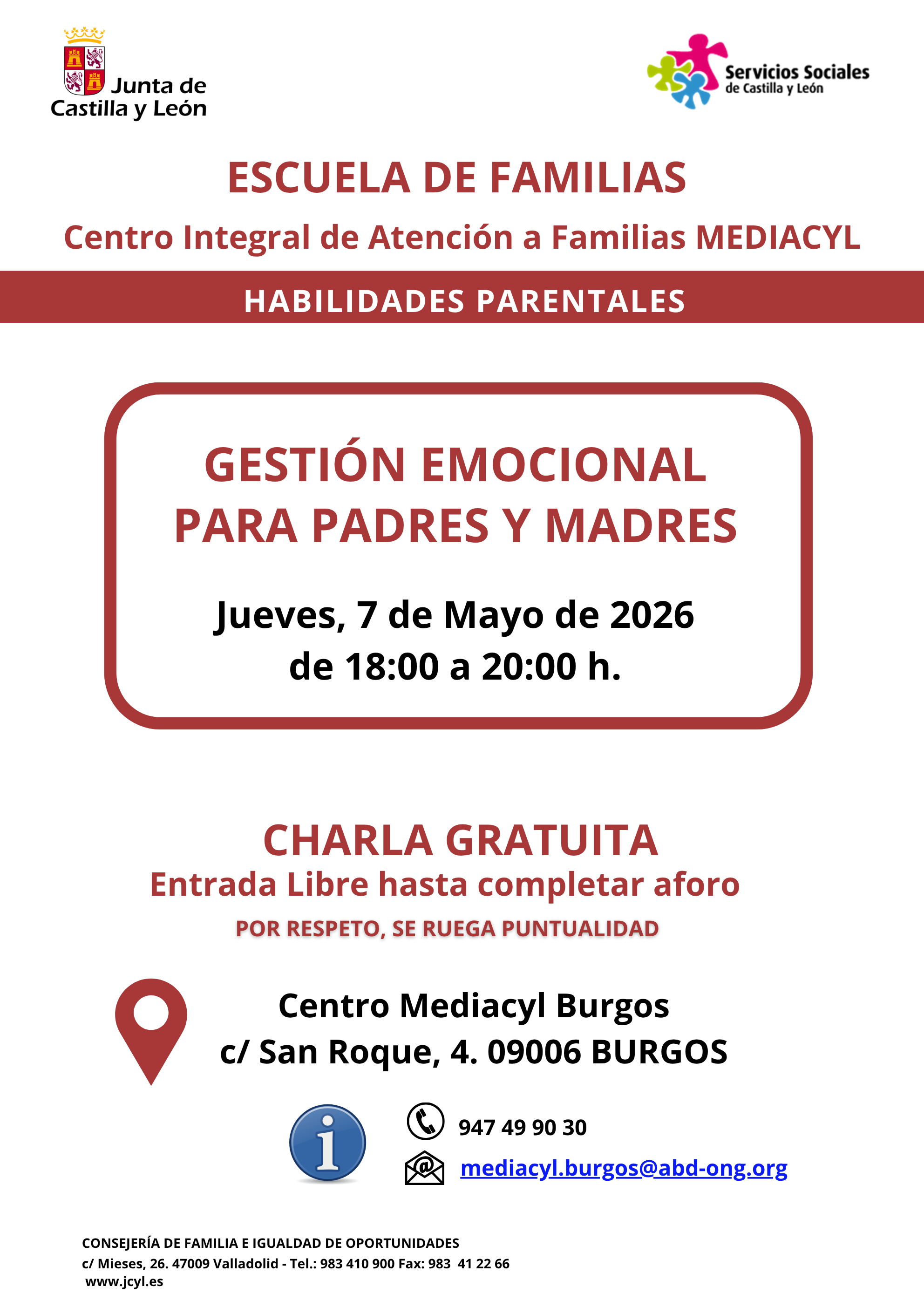 Gestión emocional para padres y madres en Centro MEDIACYL, Burgos