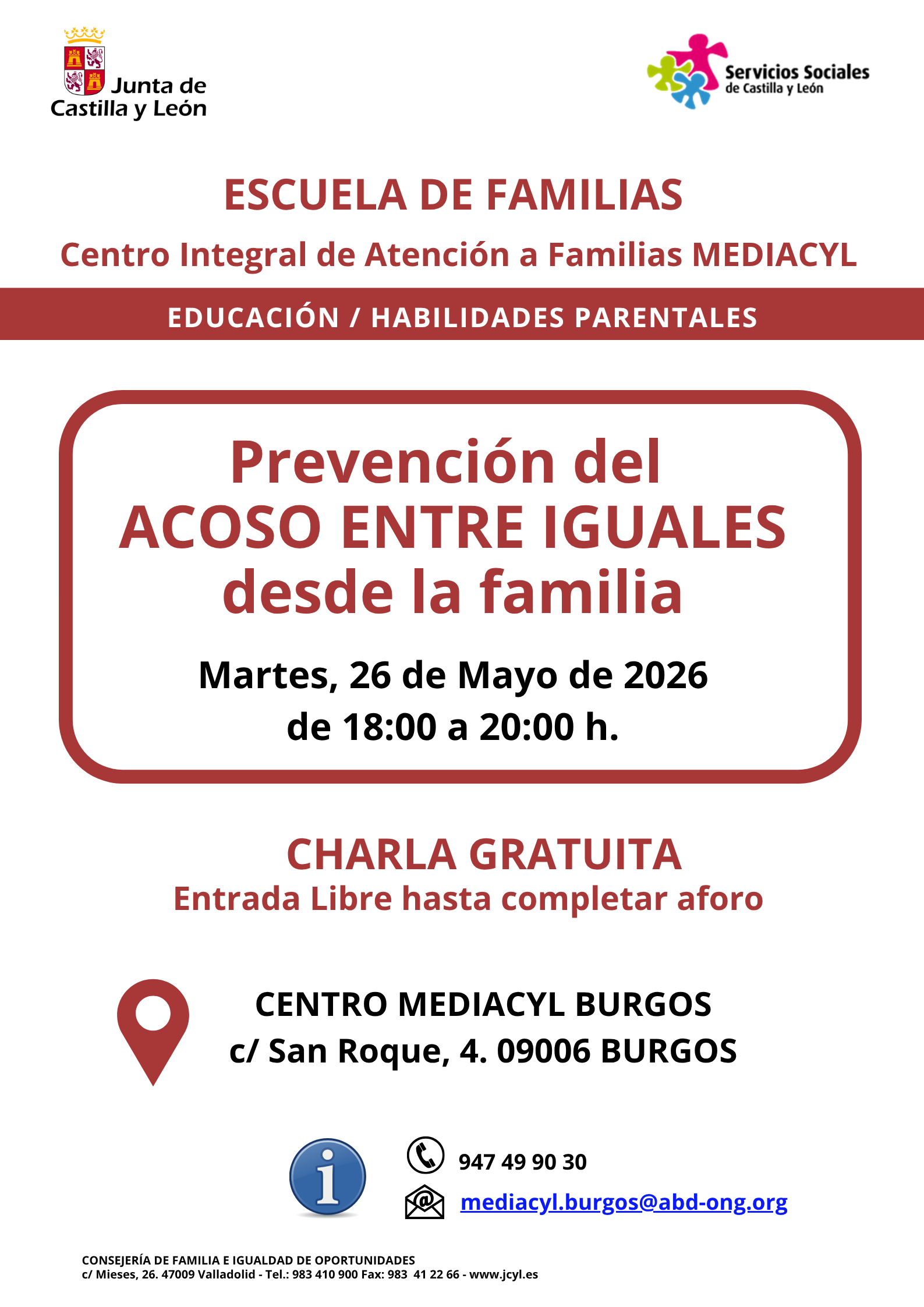 Prevención del Acoso Entre Iguales desde la familia en Centro MEDIACYL, Burgos